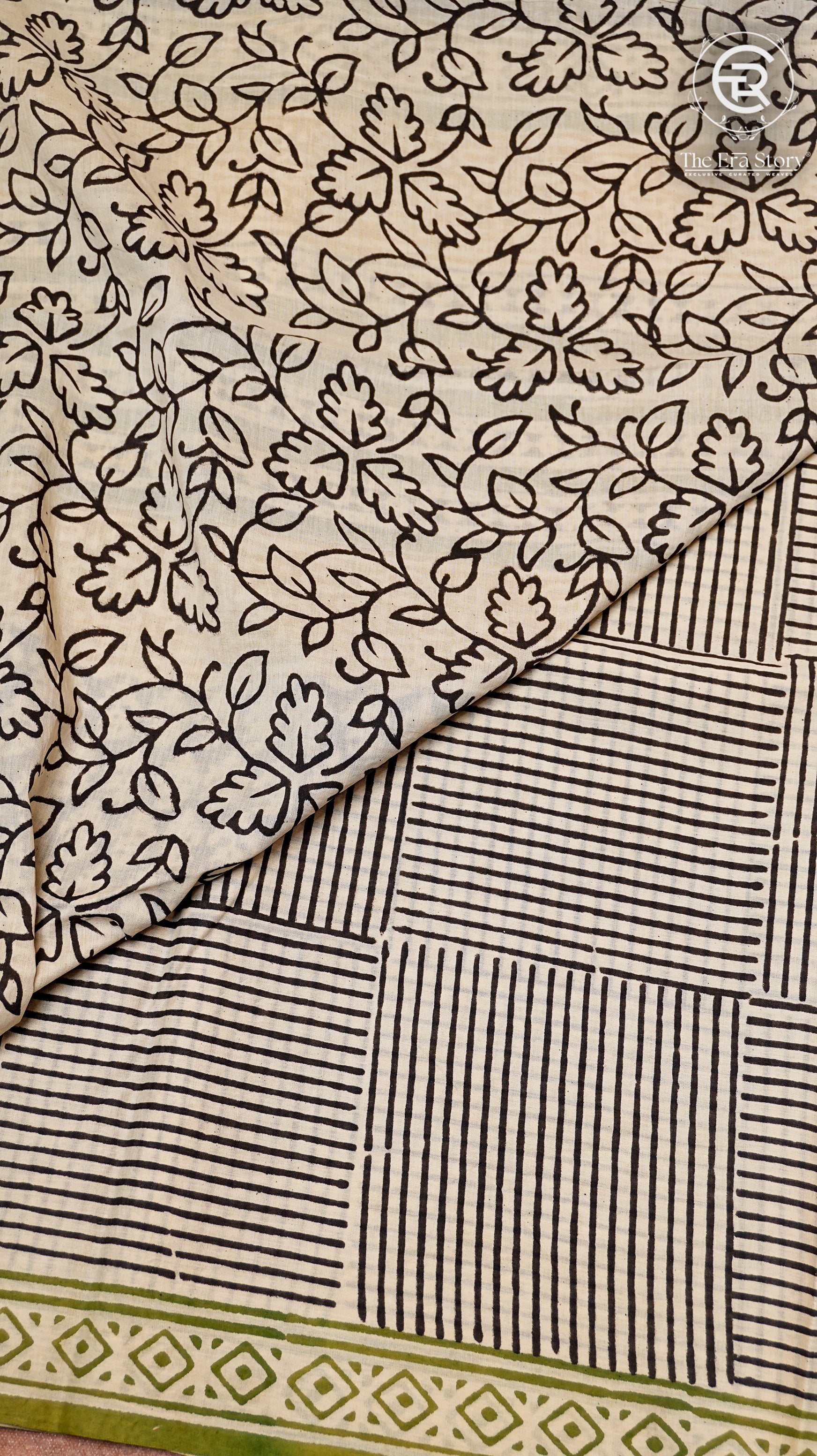 White and Yellow Geometric Handblocked Pure Cotton Saree
