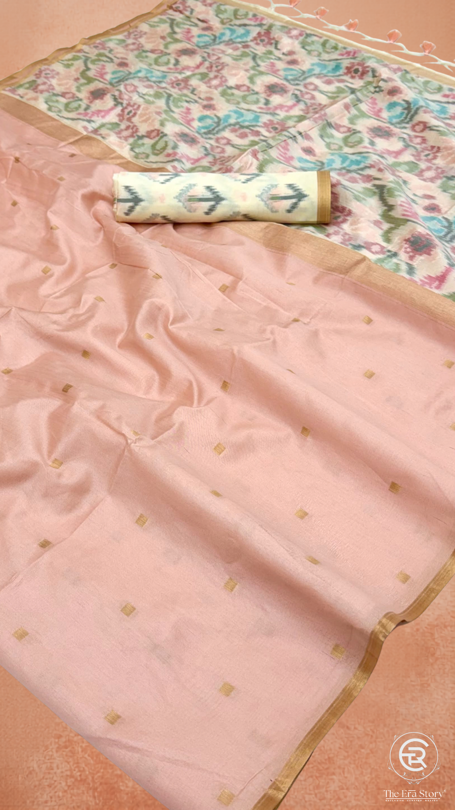 Peach & Gold Ikkat Floral Cotton Saree