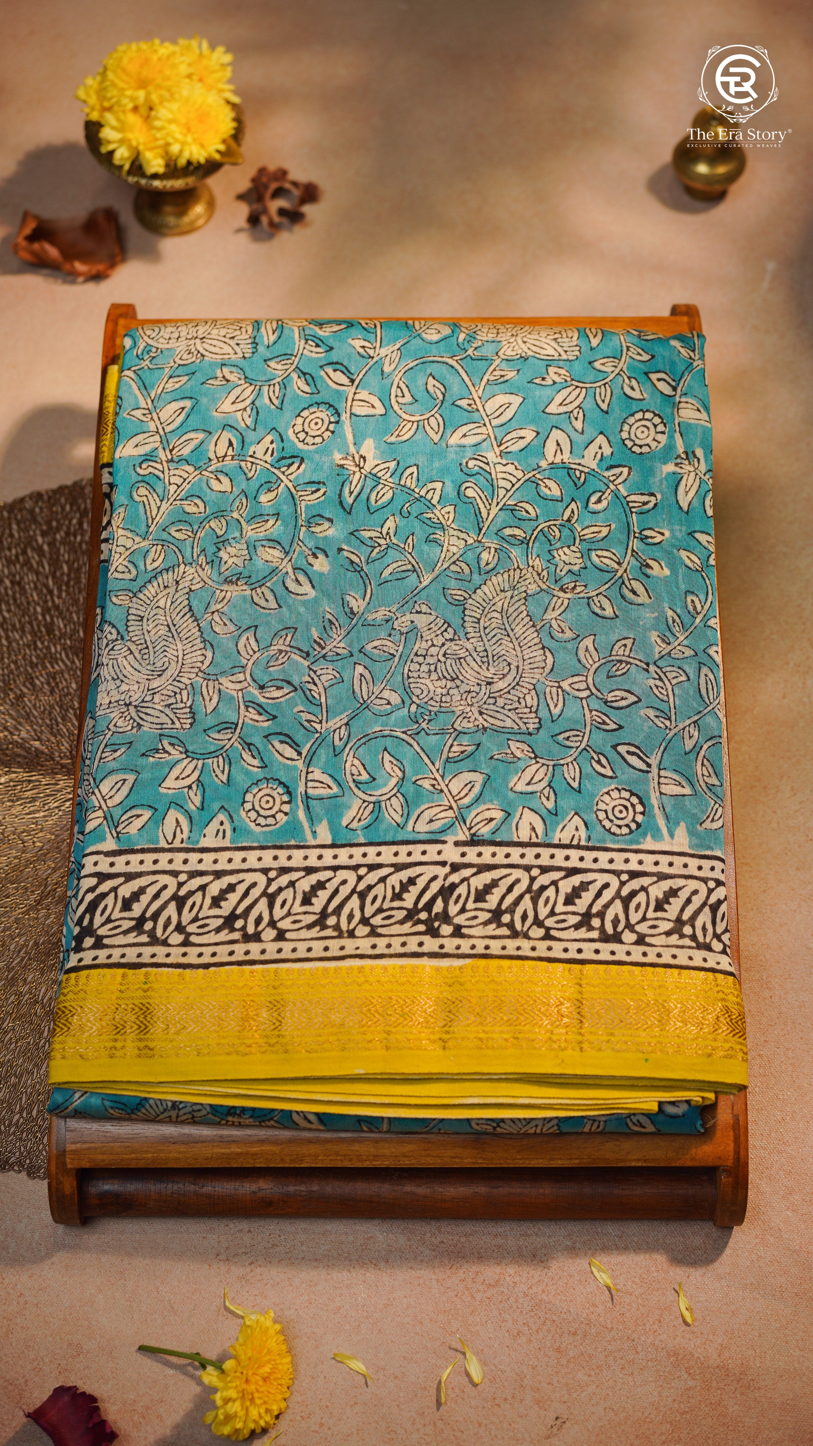Sea Green & Yellow Floral Handblocked Pure Maheshwari Cotton Saree