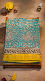 Sea Green & Yellow Floral Handblocked Pure Maheshwari Cotton Saree