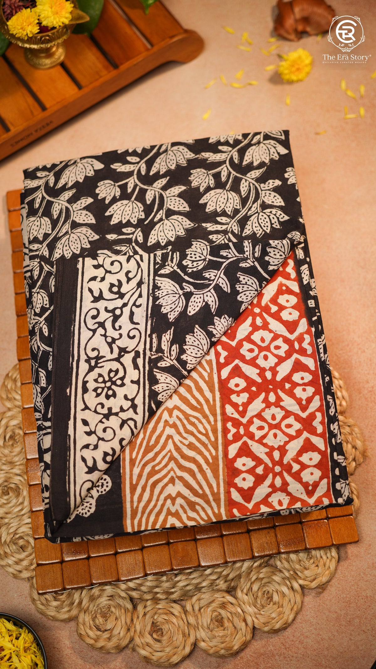 Black & White Floral Handblocked Pure Mul Cotton Saree