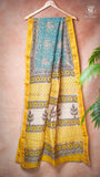 Sea Green & Yellow Floral Handblocked Pure Maheshwari Cotton Saree