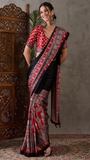 Black and Red Ajrakh Satin Crepe Silk Saree