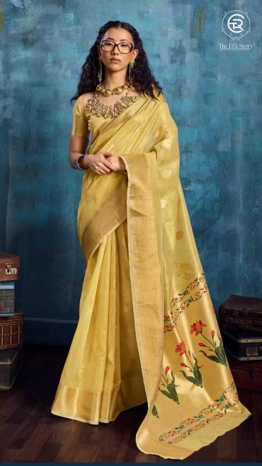 Yellow & Gold Zari Floral Tissue Silk Saree