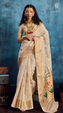 Pearl White & Gold Zari Floral Tissue Silk Saree