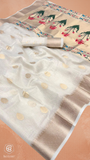 Pearl White & Gold Zari Floral Tissue Silk Saree