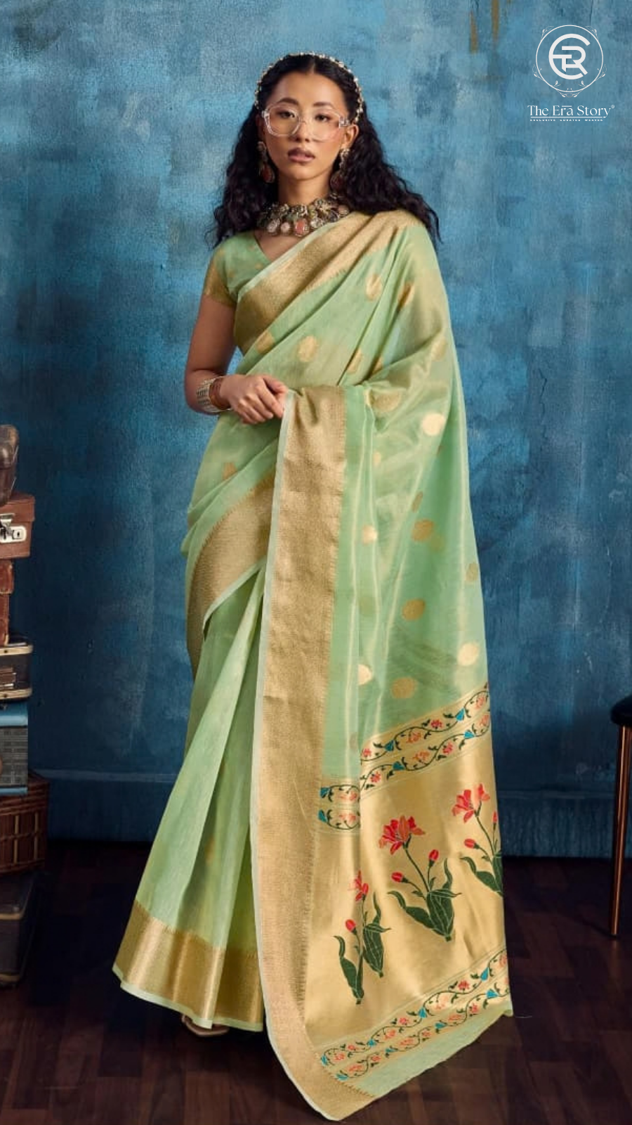Pista Green & Gold Zari Floral Tissue Silk Saree