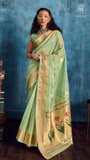 Pista Green & Gold Zari Floral Tissue Silk Saree