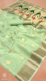 Pista Green & Gold Zari Floral Tissue Silk Saree