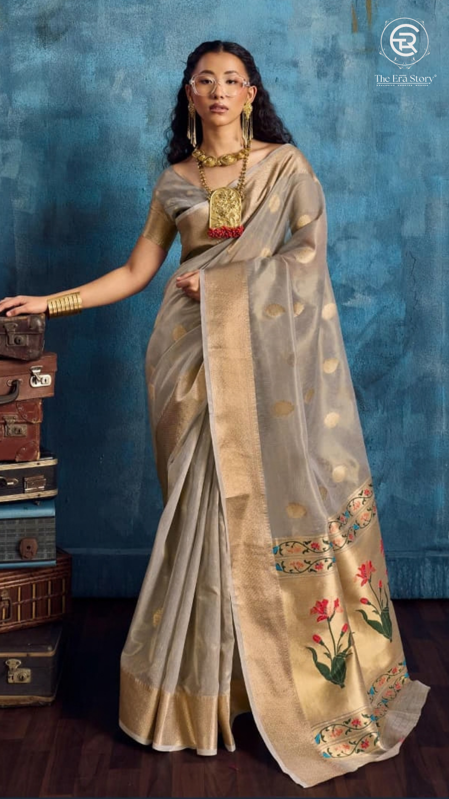 Grey & Gold Zari Floral Tissue Silk Saree