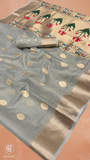 Grey & Gold Zari Floral Tissue Silk Saree