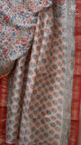 Beige Green & Red Floral Handblocked Pure Maheshwari Cotton Saree