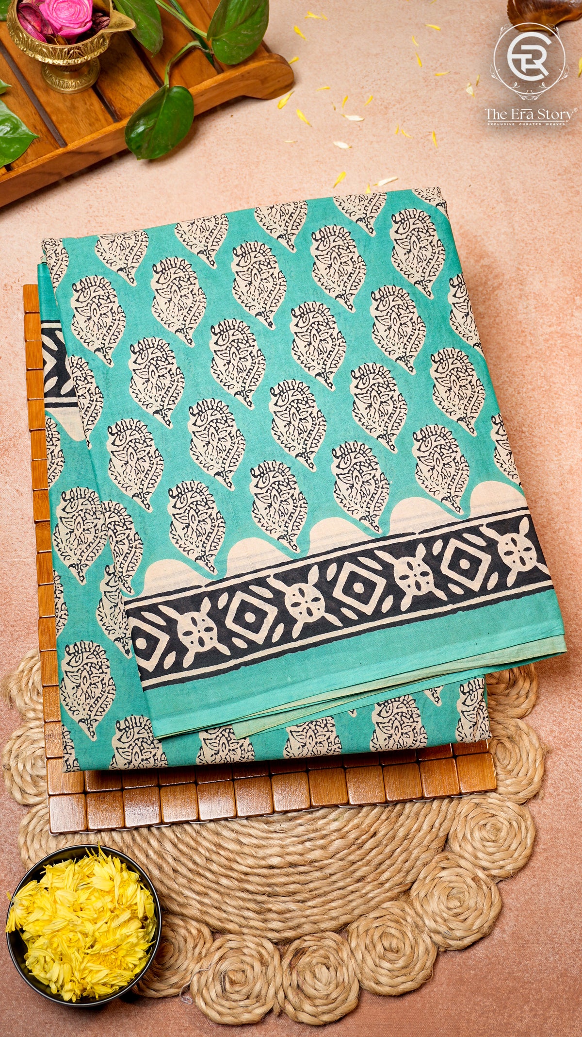 Teal Blue & Black Geometric Handblocked Pure Cotton Saree