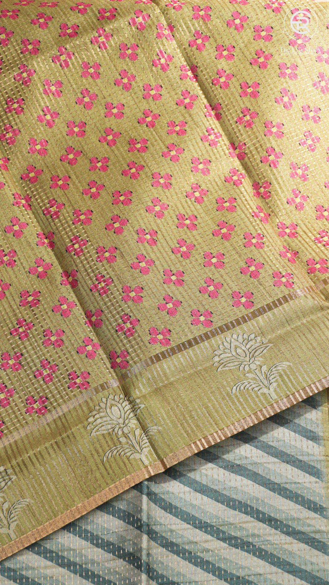 Beige Blue & Green Diagonal Kantha Matka Tussar Silk Saree