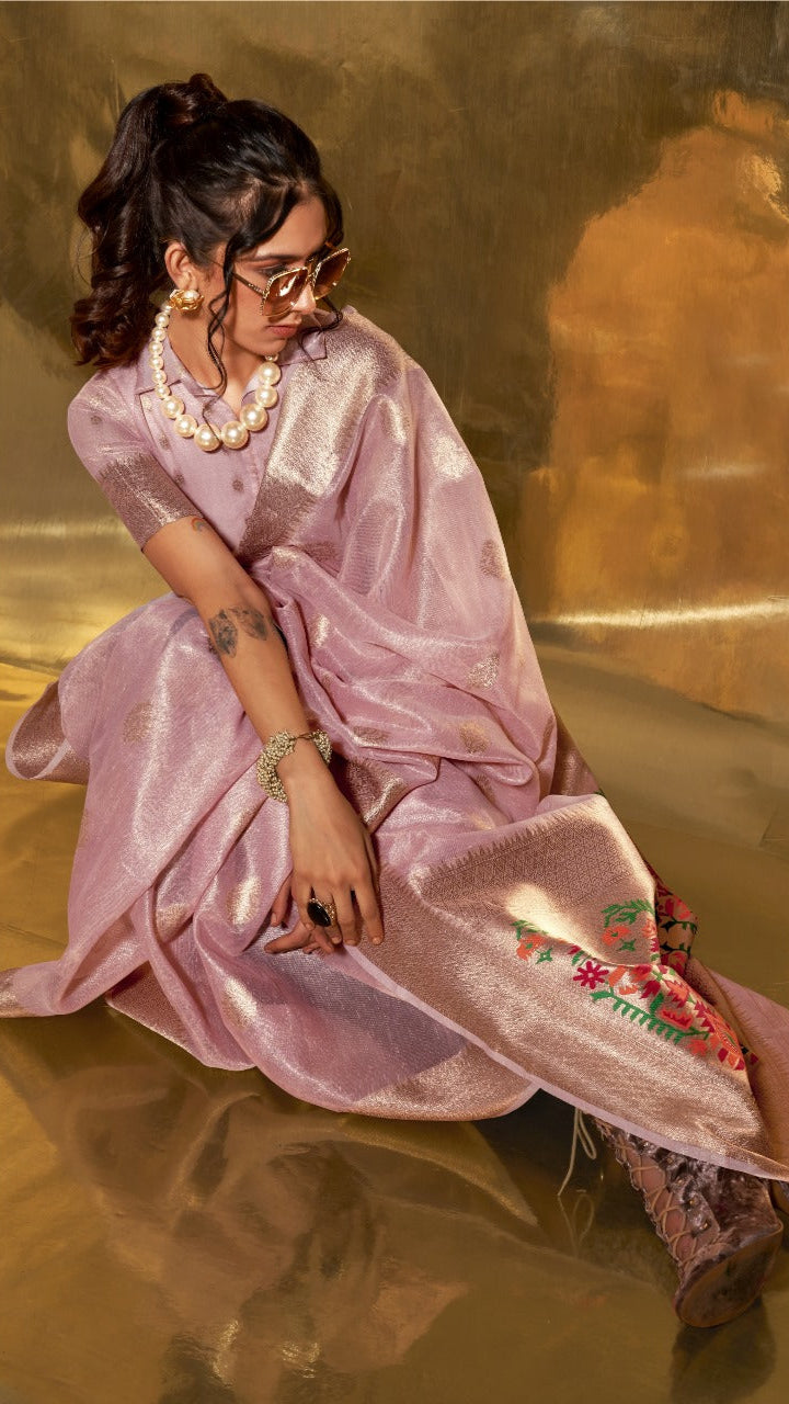 Pink Jamdani Kora Tissue Silk Saree