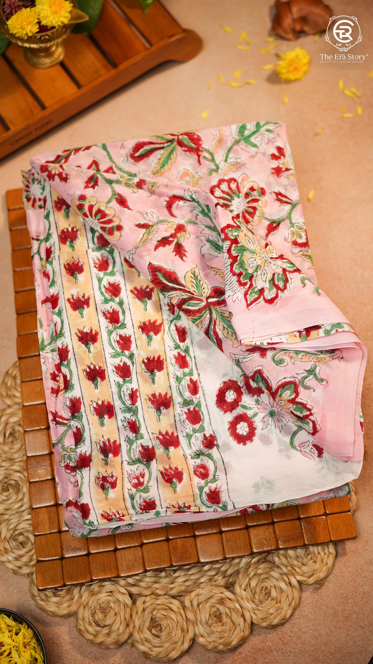 Baby Pink & Red Floral Handblocked Pure Georgette Saree