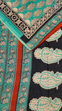 Teal Blue & Black Geometric Handblocked Pure Cotton Saree