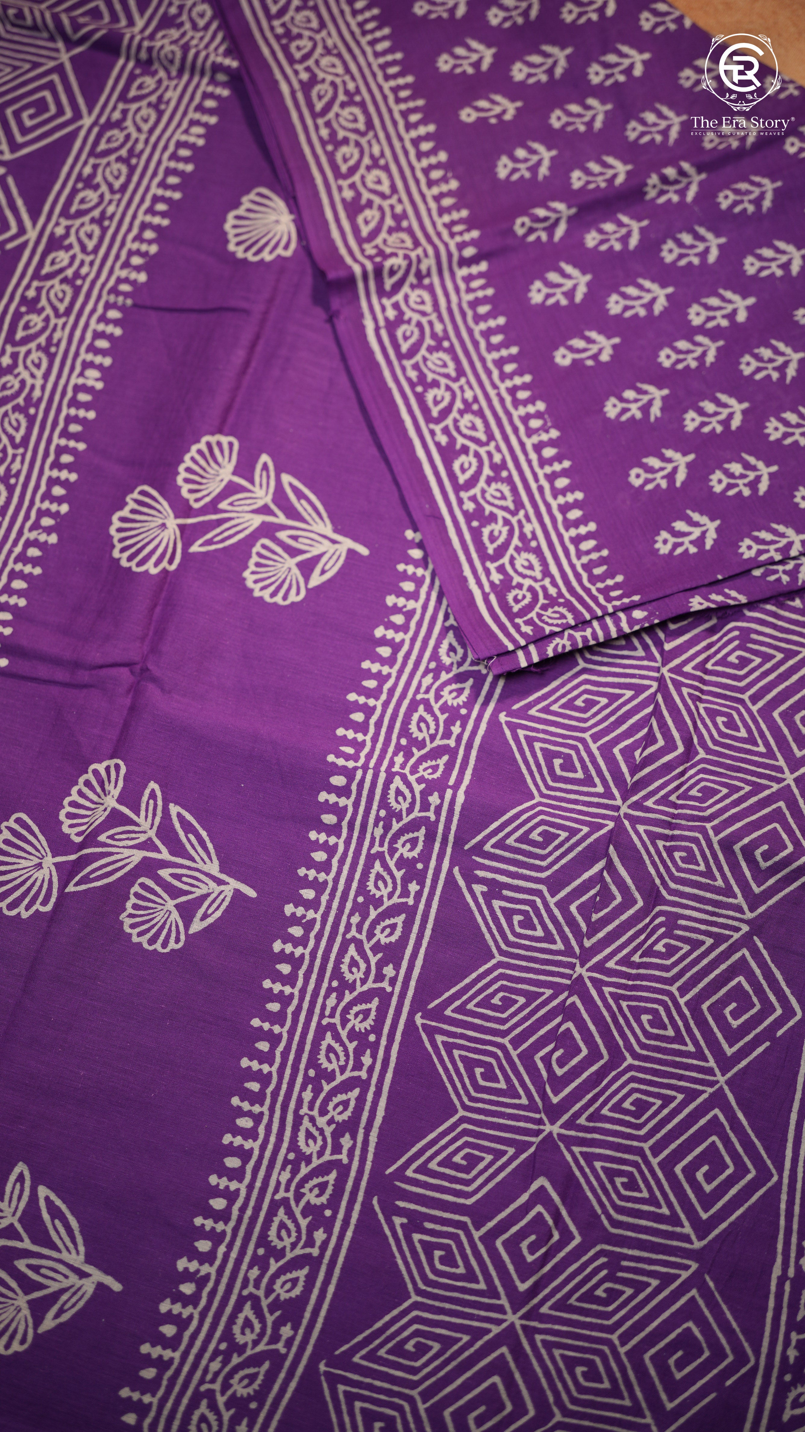 Vibrant Violet Floral Handblocked Pure Mul Cotton Saree