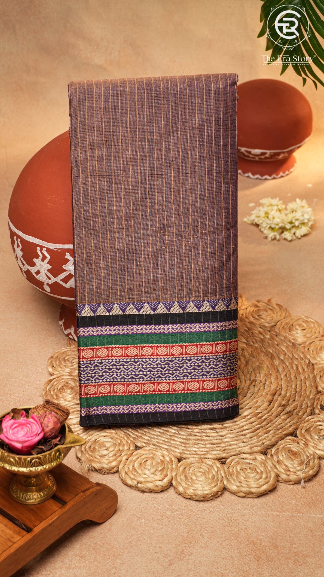 Mauve Grey Line Patterned Temple Border Handloom Narayanpet Cotton Saree