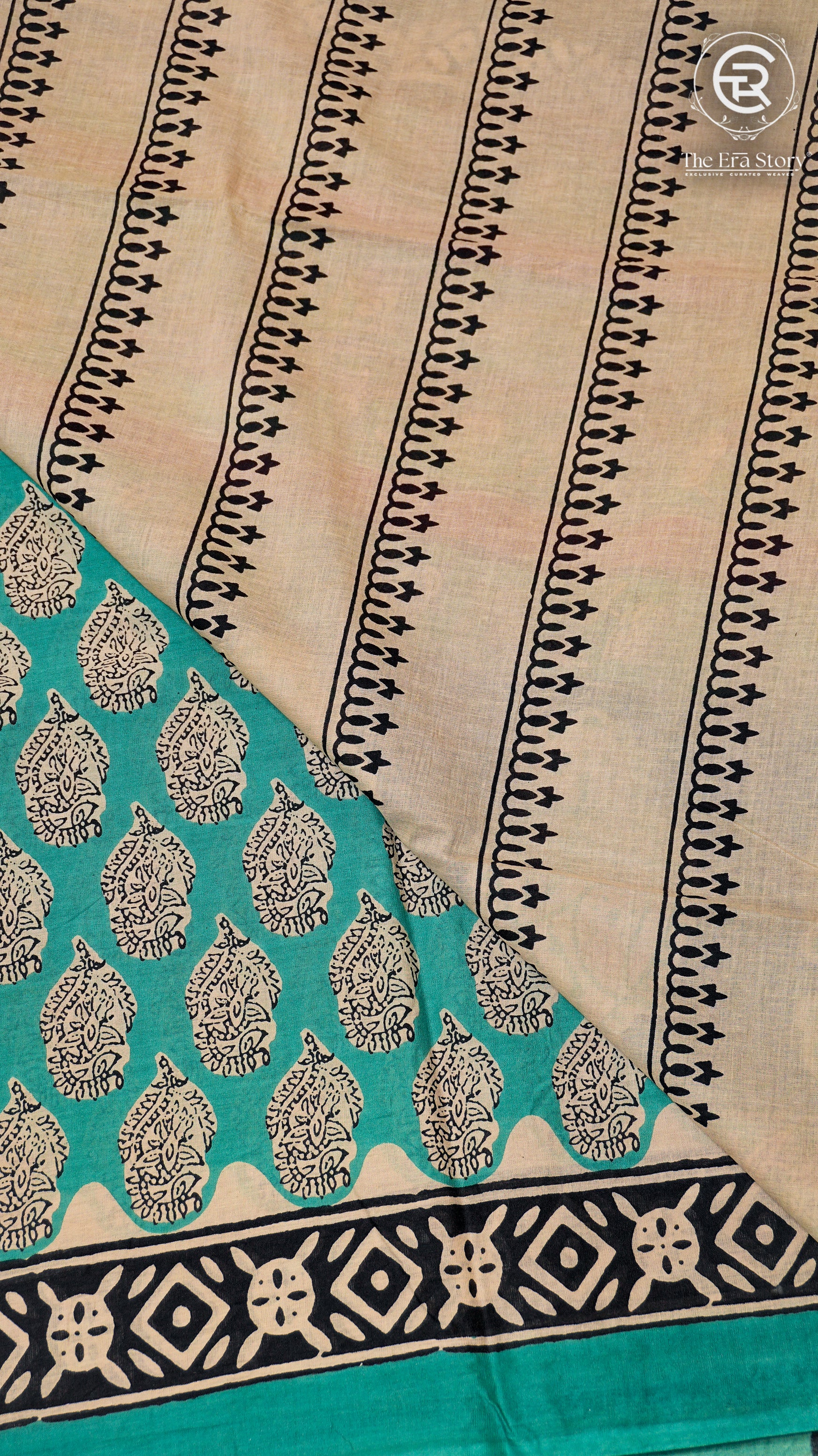 Teal Blue & Black Geometric Handblocked Pure Cotton Saree