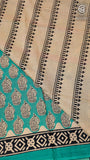 Teal Blue & Black Geometric Handblocked Pure Cotton Saree