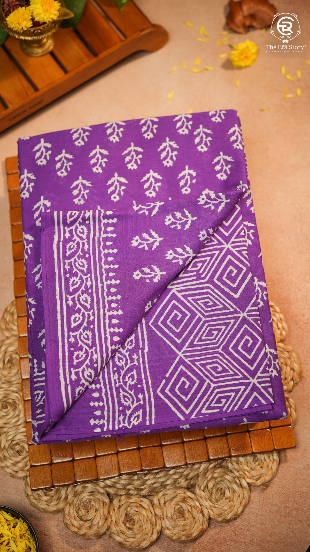 Vibrant Violet Floral Handblocked Pure Mul Cotton Saree