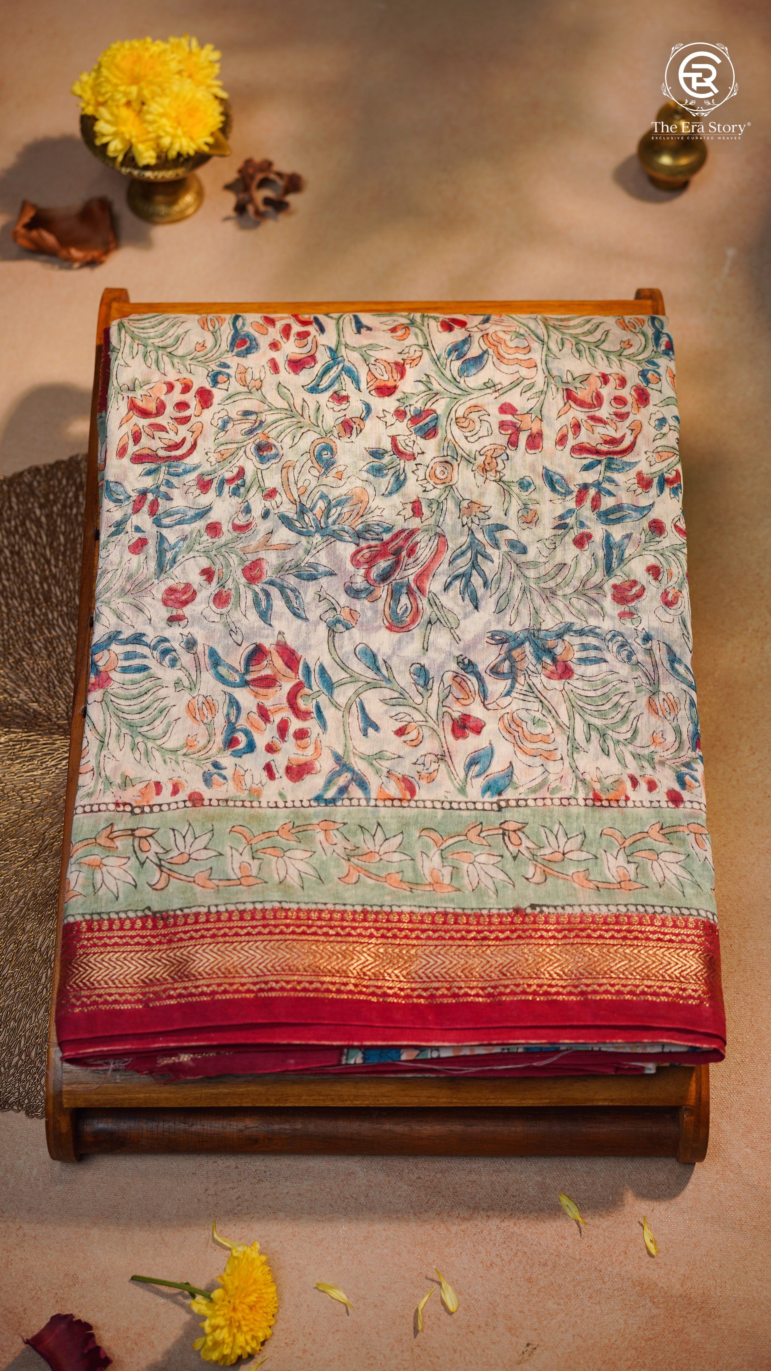 Beige Green & Red Floral Handblocked Pure Maheshwari Cotton Saree