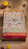 Beige Green & Red Floral Handblocked Pure Maheshwari Cotton Saree