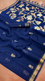 Navy Blue Gold Silver Floral Tussar Silk Saree