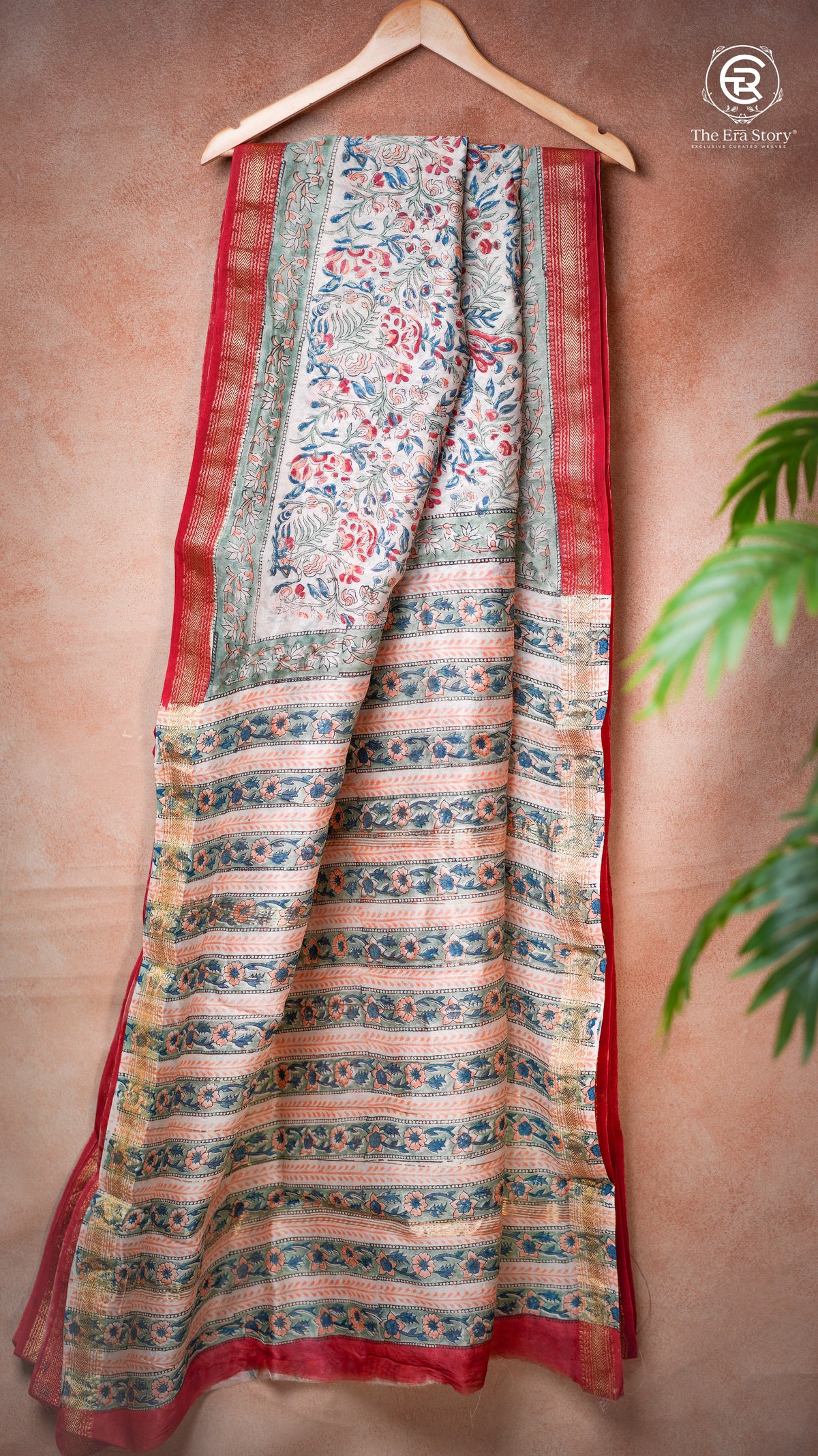 Beige Green & Red Floral Handblocked Pure Maheshwari Cotton Saree
