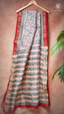 Beige Green & Red Floral Handblocked Pure Maheshwari Cotton Saree