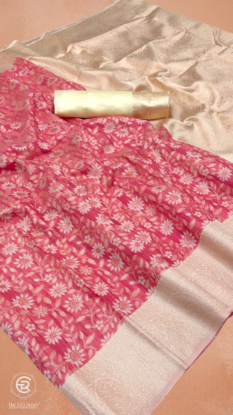 Red & Beige Floral Designer Cotton Saree