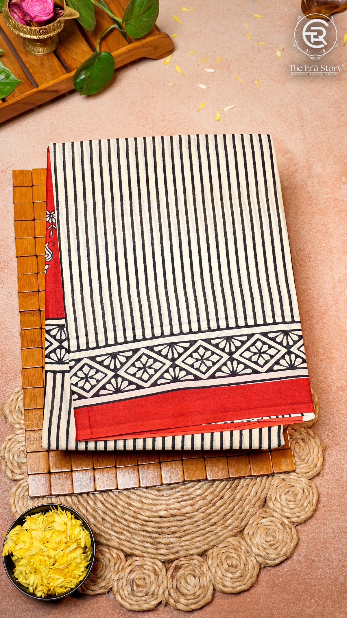 White and Red Line Patterned Handblocked Pure Cotton Saree