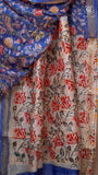 Blue Multi color Floral Handblocked Pure Maheshwari Cotton Saree