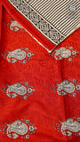 White and Red Line Patterned Handblocked Pure Cotton Saree