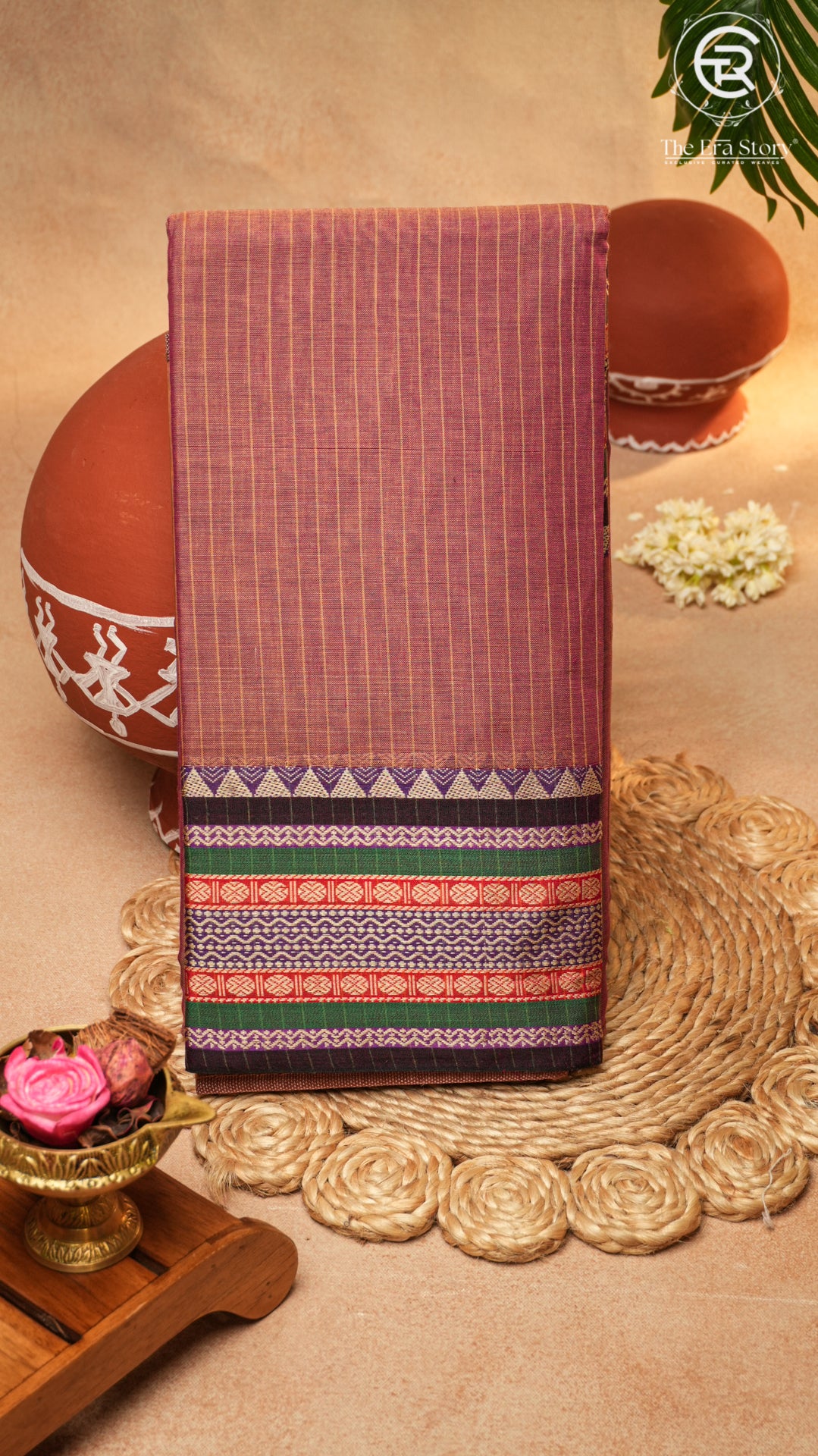 Wine Maroon Line Patterned Temple Border Handloom Narayanpet Cotton Saree