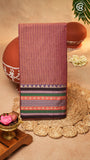 Wine Maroon Line Patterned Temple Border Handloom Narayanpet Cotton Saree