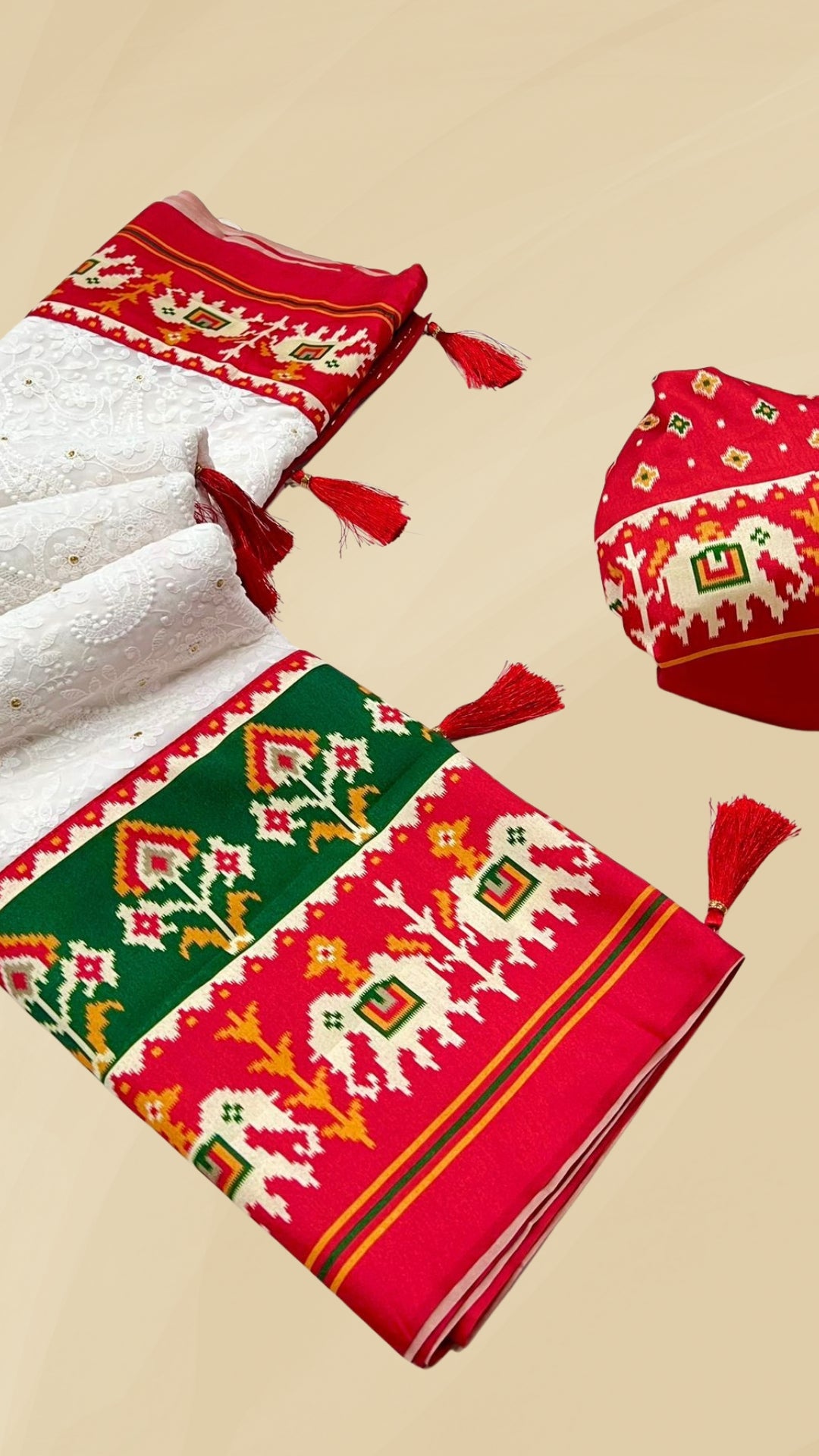White and Red Chikankari Embroidered Patola Georgette Silk Saree