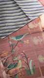 Beige Blue & Mauve Diagonal Kantha Matka Tussar Silk Saree