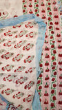 Baby Blue & Pink Floral Handblocked Pure Georgette Saree