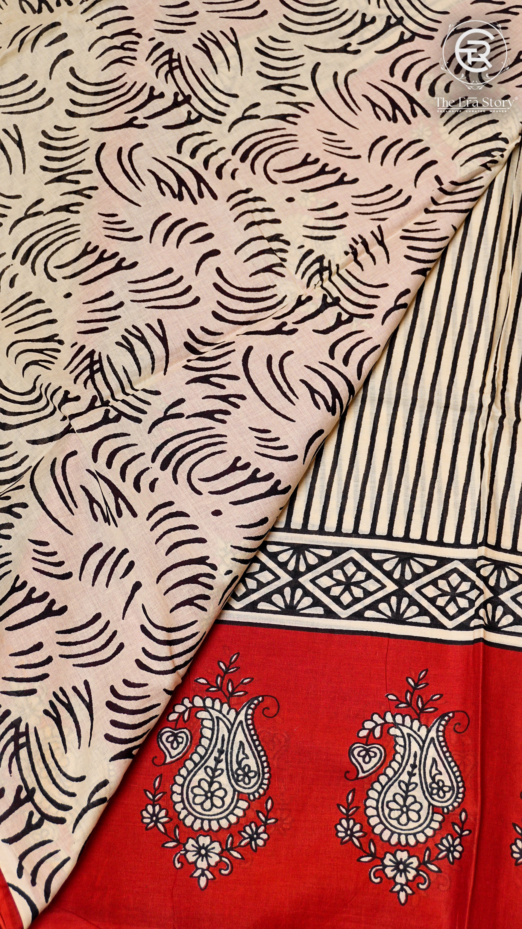 White and Red Line Patterned Handblocked Pure Cotton Saree