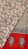 White and Red Line Patterned Handblocked Pure Cotton Saree