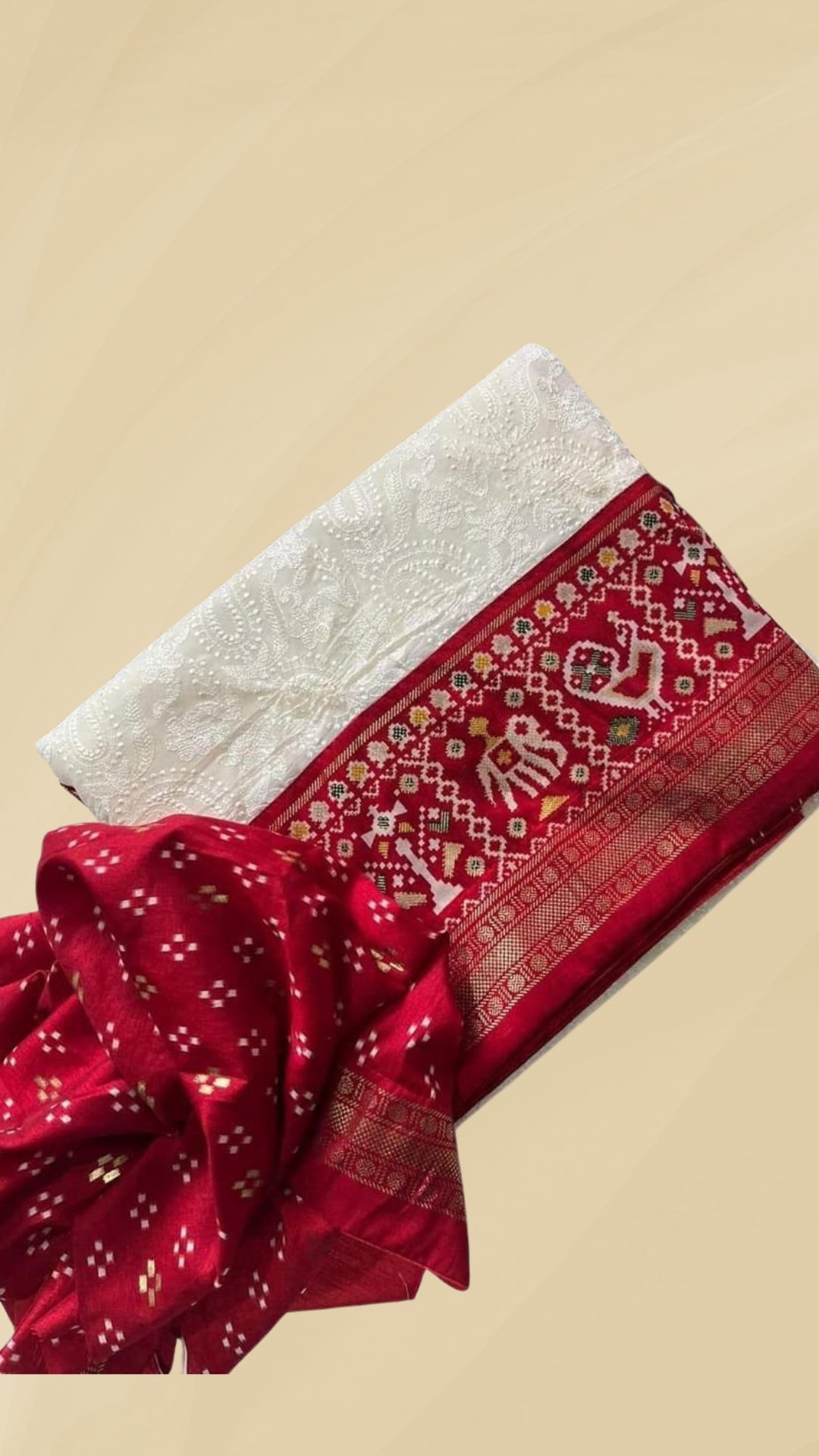 White and Red Chikankari Embroidered Patola Georgette Silk Saree