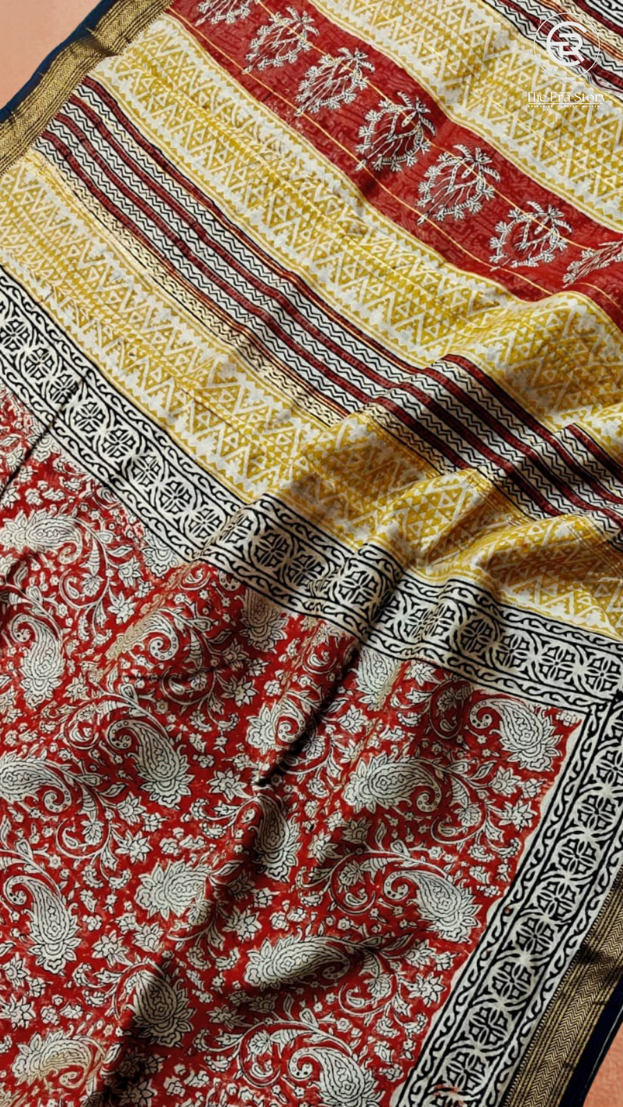 Red & Yellow Floral Handblocked Pure Maheshwari Cotton Sarees