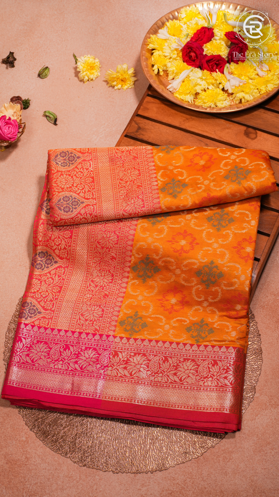 Yellow and Pink Zari Weaved Banarasi Silk Saree