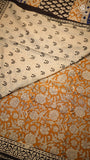 Mustard Yellow & White Floral Handblocked Pure Mul Cotton Saree