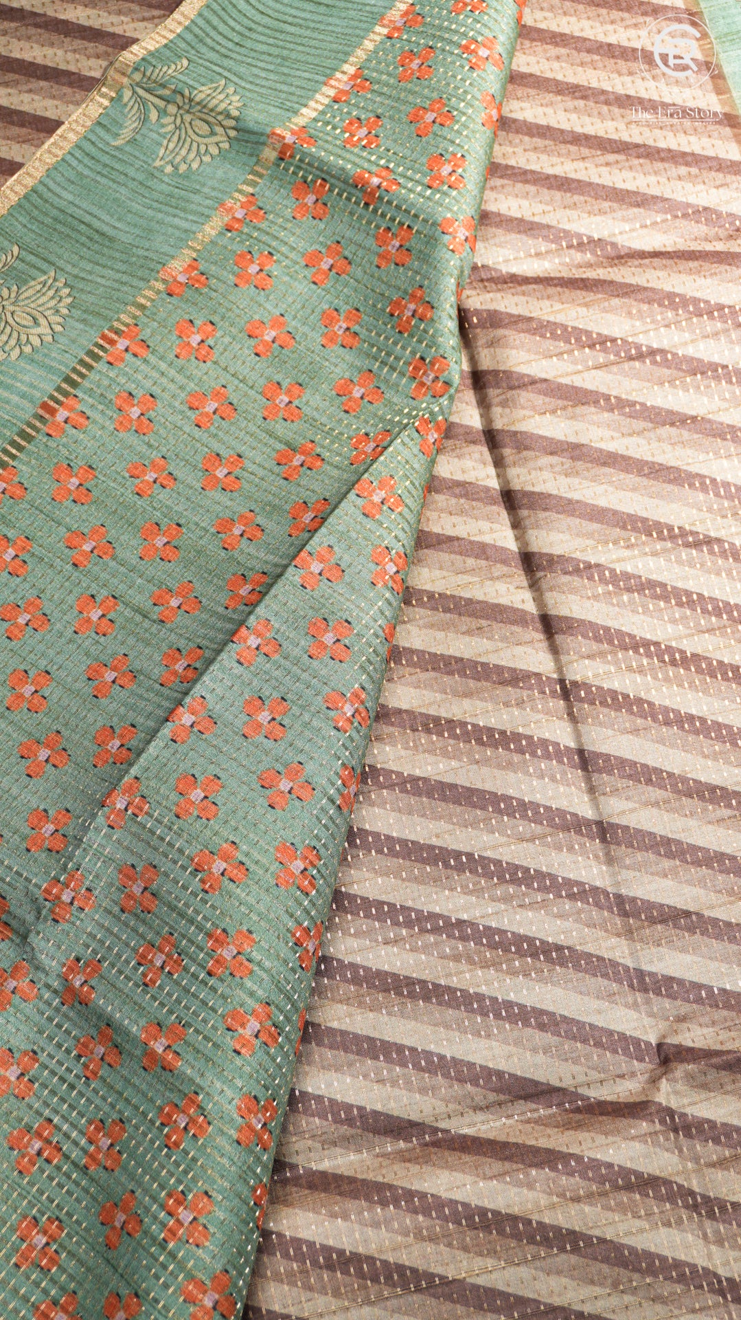 Beige Brown & Teal Blue Diagonal Kantha Matka Tussar Silk Saree