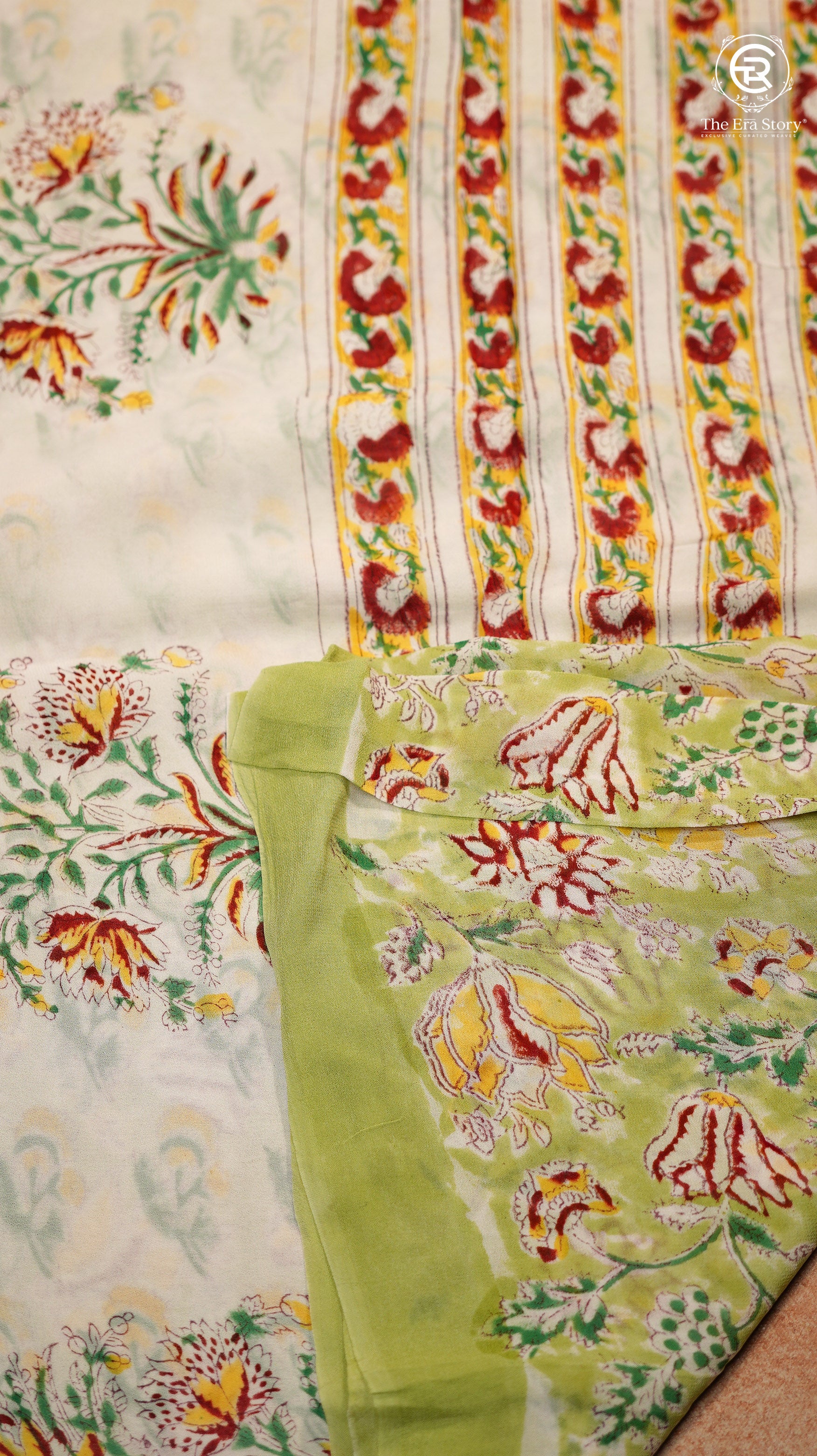 Moss Green & Red Floral Handblocked Pure Georgette Saree