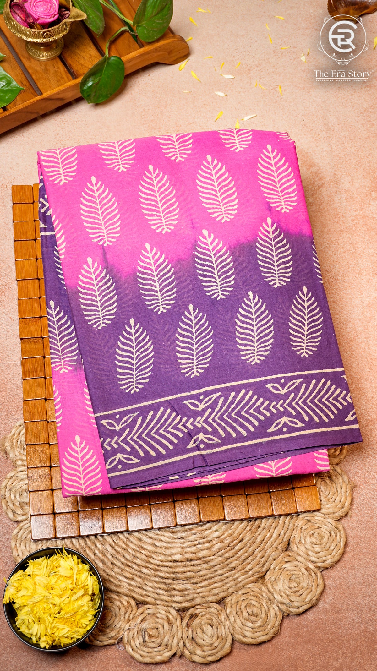 Pink and Purple Line Patterned Handblocked Pure Cotton Saree