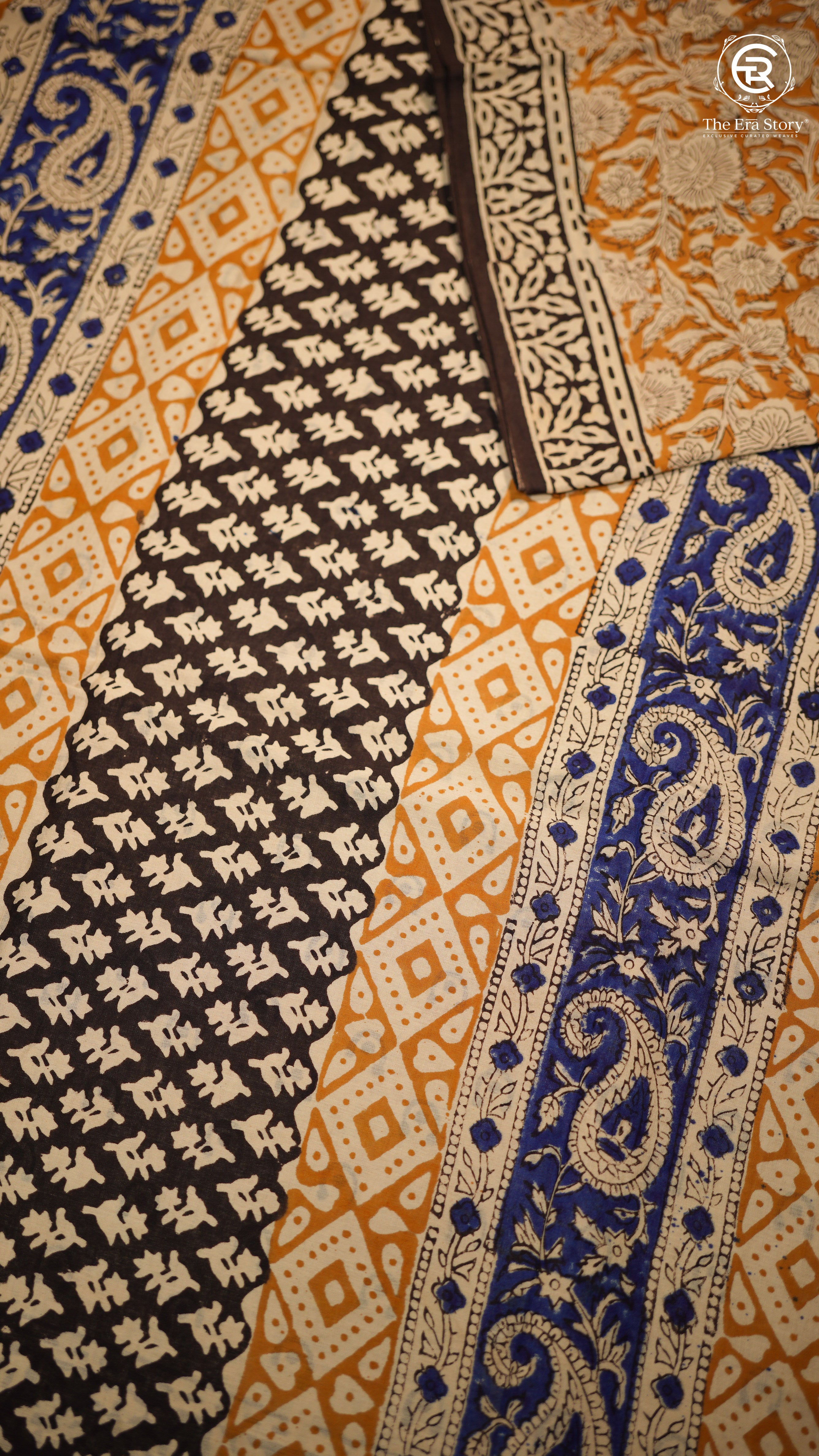 Mustard Yellow & White Floral Handblocked Pure Mul Cotton Saree
